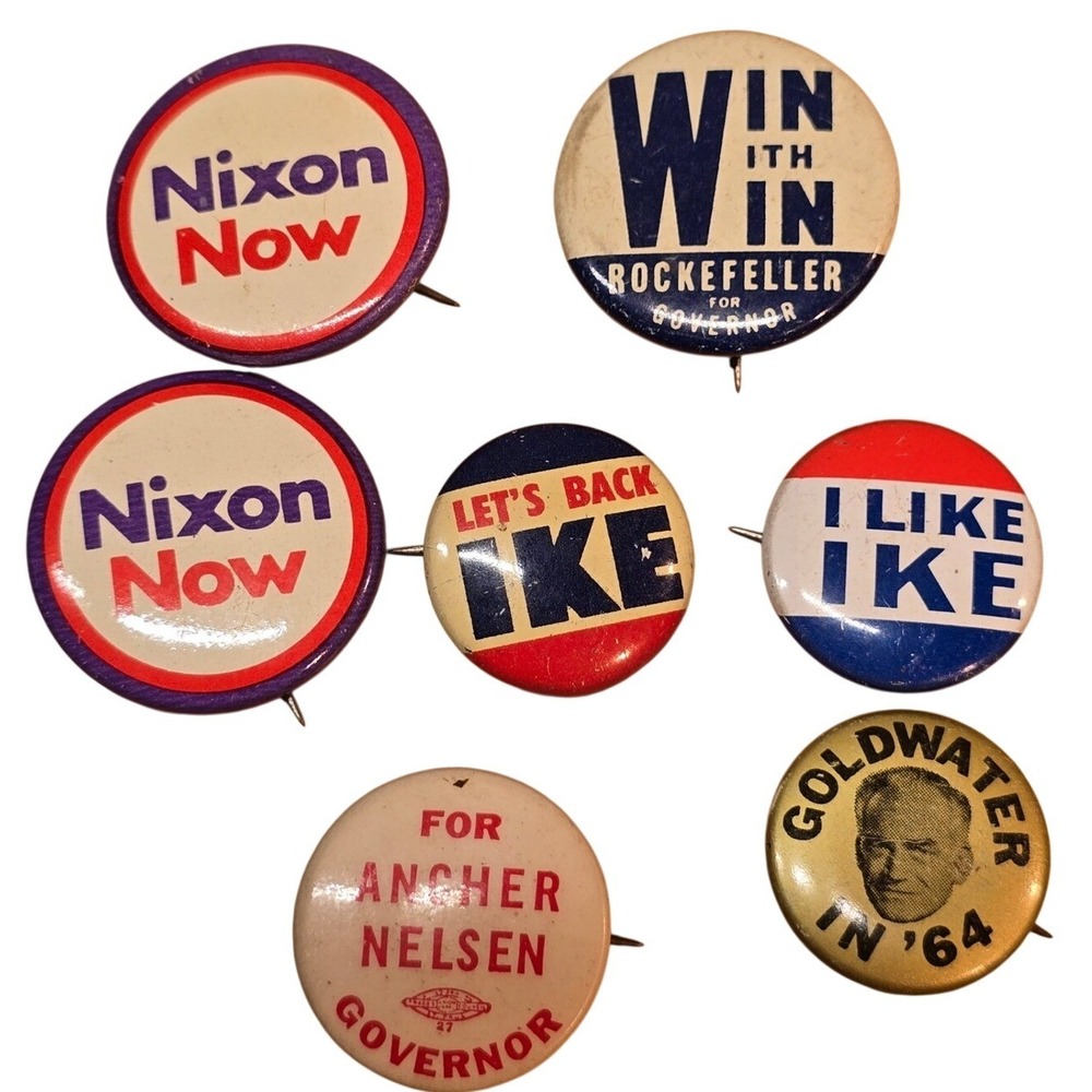 1960s Political Buttons Pins Nixon Ike Rockefeller Goldwater Ancher Nelsen